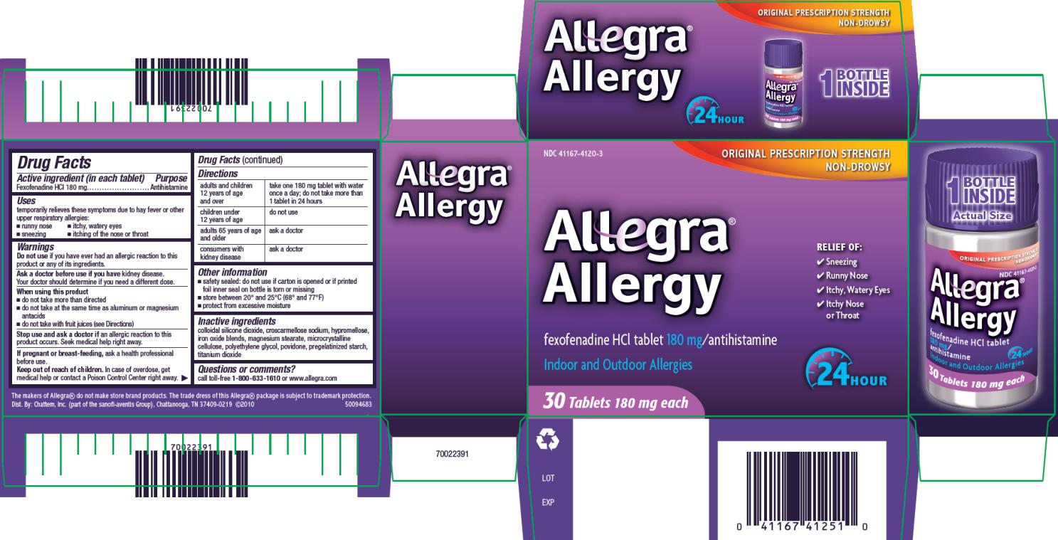 NDC 41167-4120-3
ORIGINAL PRESCRIPTION STRENGTH NON-DROWSY
Allegra® Allergy
fexofenadine HCl tablet 
180 mg/antihistamine
Indoor and Outdoor Allergies
30 Tablets 180 mg each 24 HOUR

