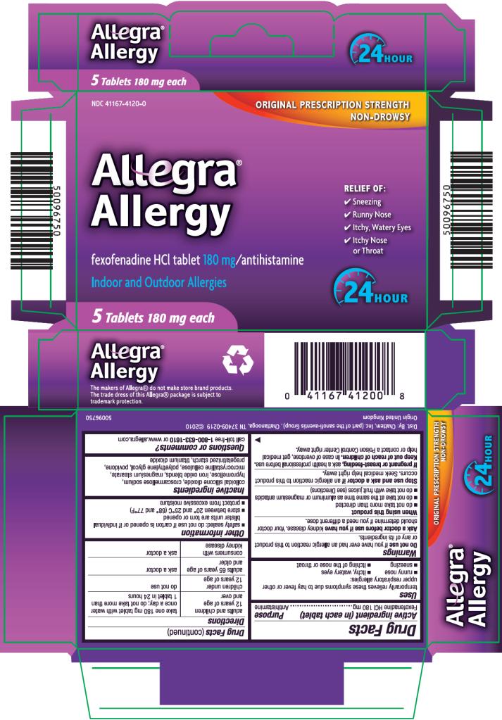 PRINCIPAL DISPLAY PANEL
NDC 41167-4120-0
Allegra® Allergy
fexofenadine HCI tablet 180 mg/antihistamine
Indoor and Outdoor Allergies
5 Tablets 180 mg each
24 HOUR
