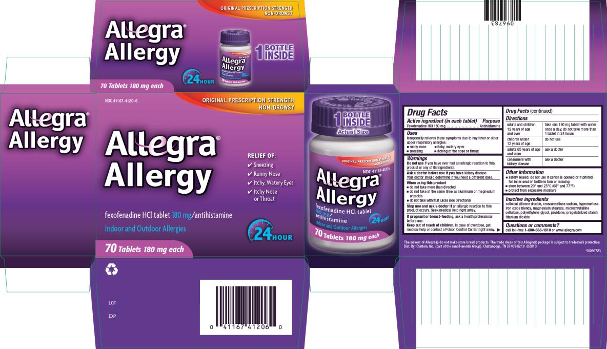 PRINCIPAL DISPLAY PANEL
NDC 41167-4120-6
Allegra® Allergy
fexofenadine HCI tablet 180 mg/antihistamine
Indoor and Outdoor Allergies
70 Tablets 180 mg each
24 HOUR

