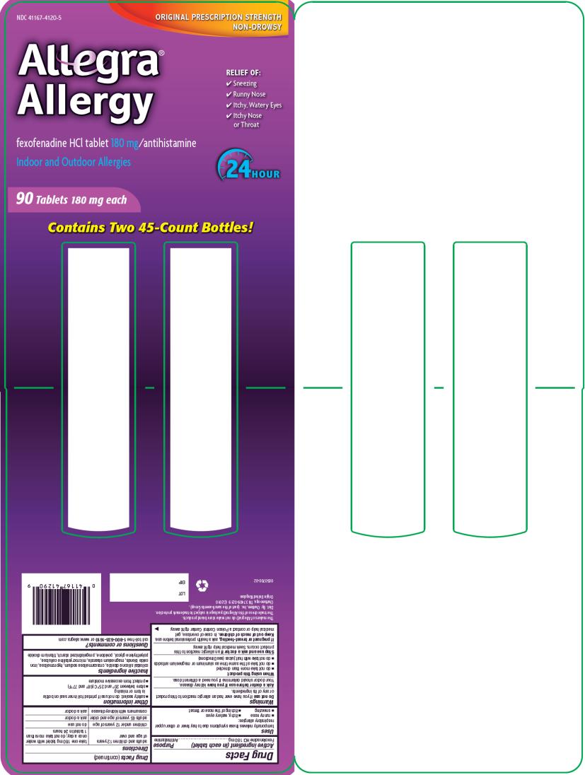 PRINCIPAL DISPLAY PANEL
NDC 41167-4120-5
Allegra® Allergy
fexofenadine HCI tablet 180 mg/antihistamine
Indoor and Outdoor Allergies
90 Tablets 180 mg each
Contains Two 45-Count Bottles!
24 HOUR
