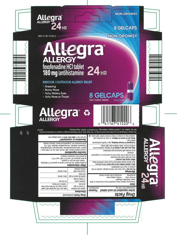 NDC 41167-4122-0
Allegra® 
ALLERGY
fexofenadine HCI tablet
180 mg/antihistamine
24 HR
8 GELCAPS 
