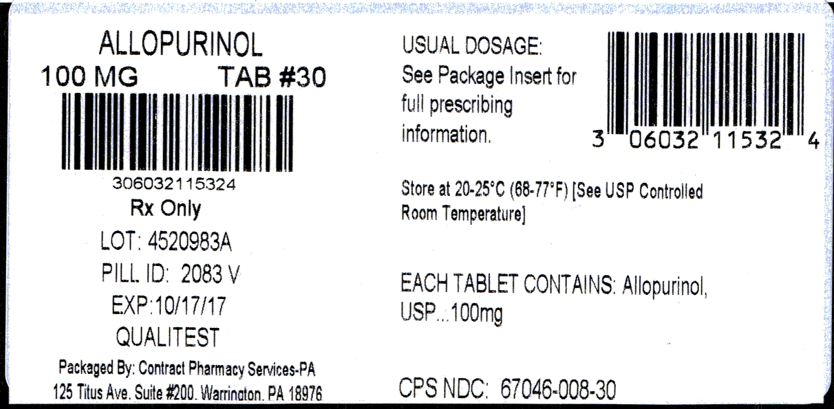 An image of the Allopurinol Tablets, USP 100 mg 100 Tablets label.