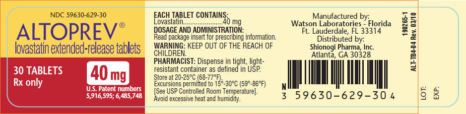 PRINCIPAL DISPLAY PANEL NDC 59630-629-30 ALTOPREV lovastatin extended-release tablets 30 TABLETS 40 mg