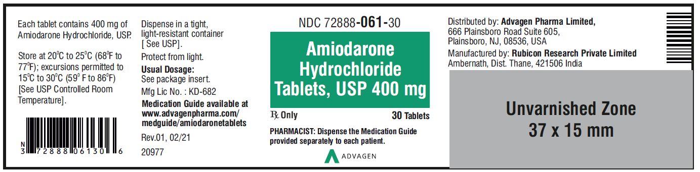 Amiodarone HCL Tablets,USP 400 mg - NDC 72888-061-30 - 30 Tablets Bottle Label