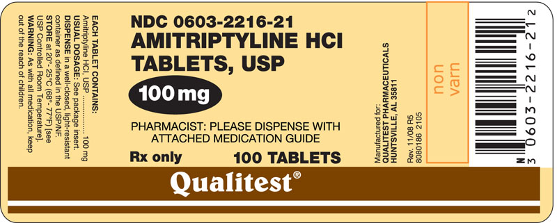 This is an image of the label for 100 mg Amitriptyline HCl Tablets.