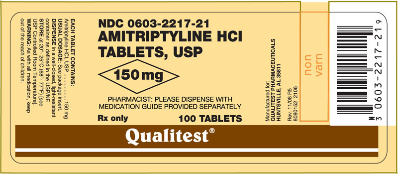 This is an image of the label for 150 mg Amitriptyline HCl Tablets.