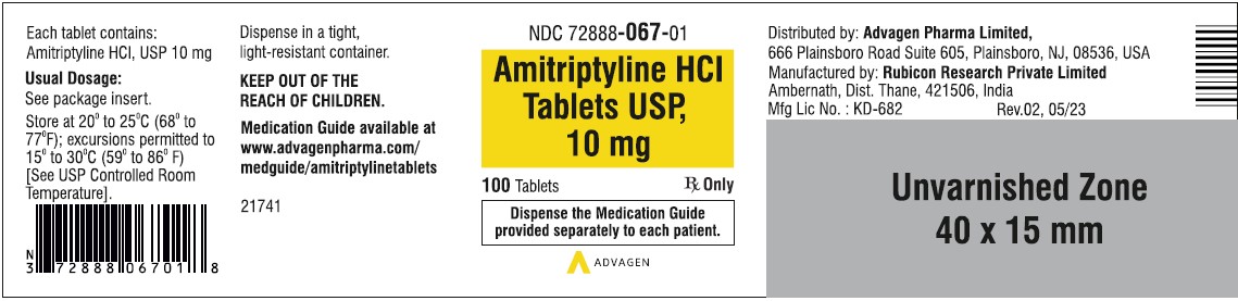 Amitriptyline HCL Tablets,USP 10 mg - NDC 72888-067-01  - 100 Tablets Container Label