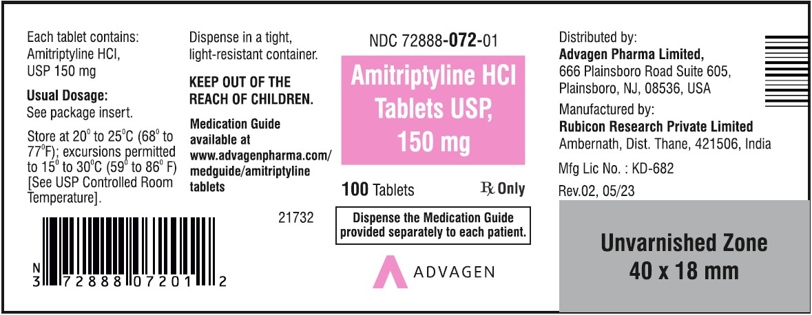 Amitriptyline HCL Tablets,USP 150 mg - NDC 72888-072-01  - 100 Tablets Container Label
