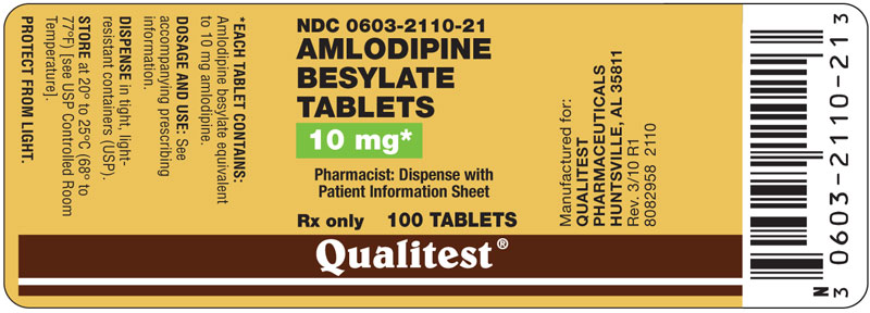 This is an image of the label for 10 mg Amlodipine Besylate Tablets.