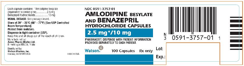 NDC 0591-3757-01

AMLODIPINE BESYLATE AND BENAZEPRIL HYDROCHLORIDE CAPSULES

2.5mg*/10mg
