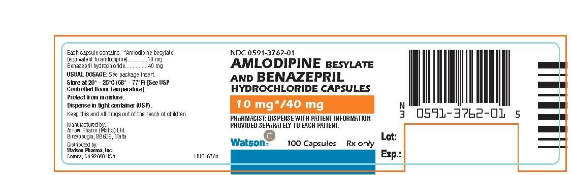 NDC 0591-3762-01 AMLODIPINE BESYLATE AND BENAZEPRIL HYDROCHLORIDE CAPSULES 10mg*/40 mg