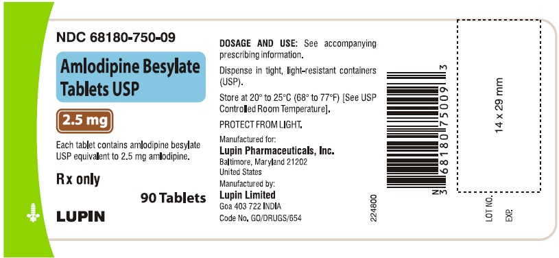 AMLODIPINE BESYLATE TABLETS USP
Rx Only
2.5 mg
NDC 68180-750-09
																																	90 Tablets