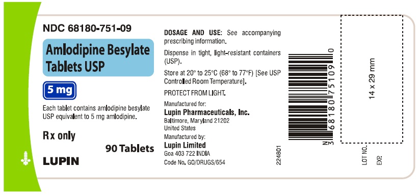 AMLODIPINE BESYLATE TABLETS USP
Rx Only
5 mg
NDC 68180-751-09
																																	90 Tablets