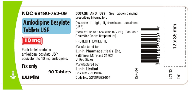 AMLODIPINE BESYLATE TABLETS USP
Rx Only
10 mg
NDC 68180-752-09
																																	90 Tablets