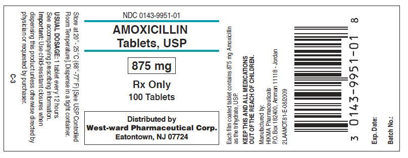 NDC 0143-9951-01 Amoxicillin Tablets, USP 875mg Rx Only 100 Tablets