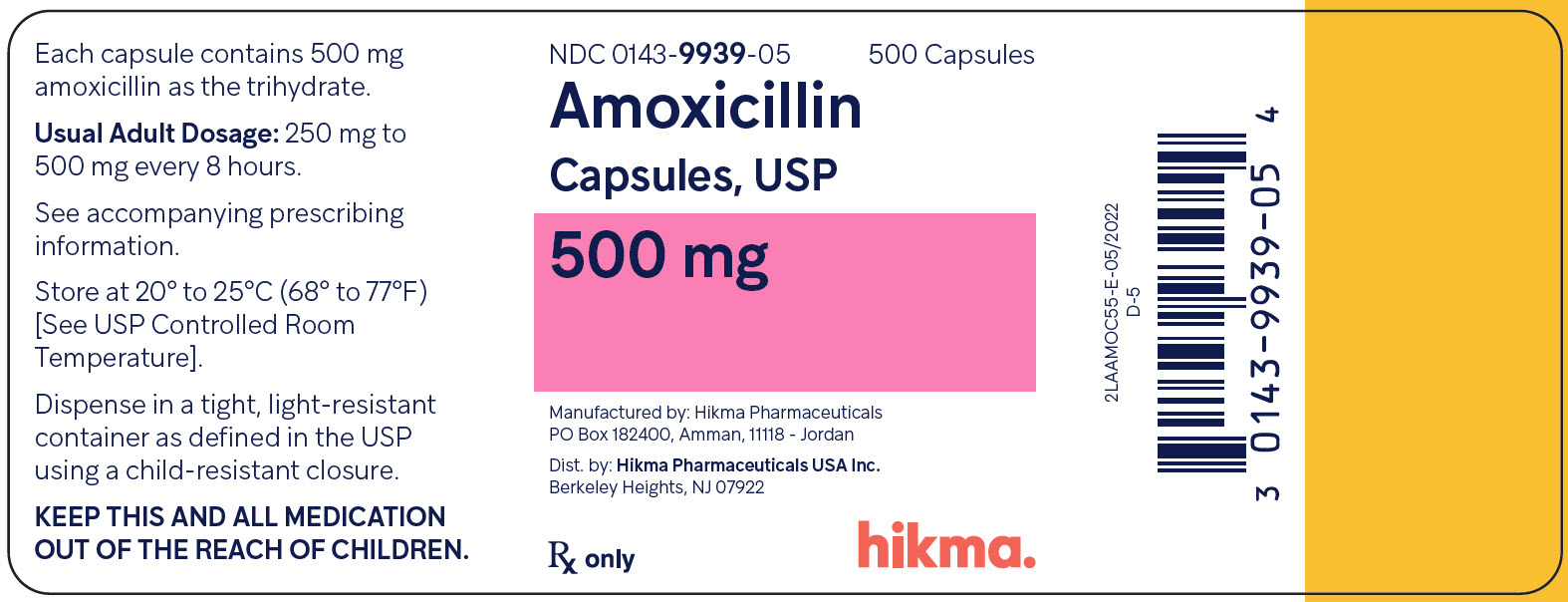 Amoxicillin Caps, USP 500 mg (500s) bottle label