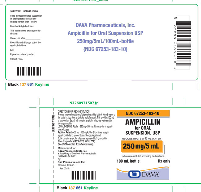 This is an image of Ampicillin for Oral Suspension, USP 250 mg/5mL 100mL label.