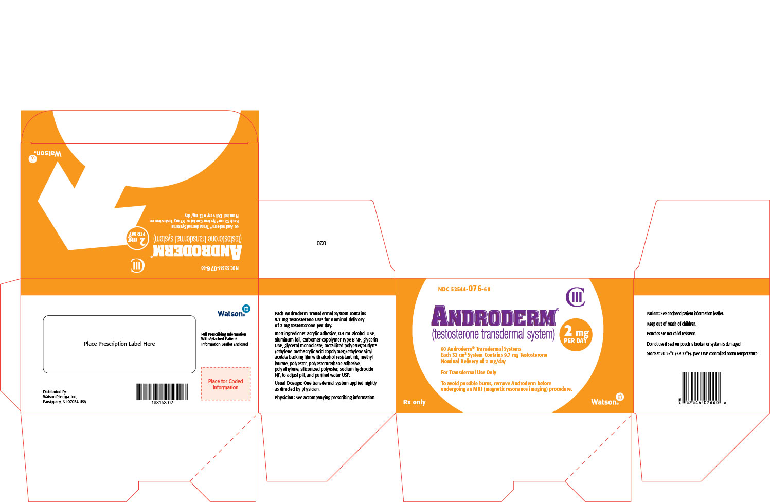 Androderm (testosterone transdermal system) CIII NDC 52544-076-60 Carton x 60 systems, 2 mg/day