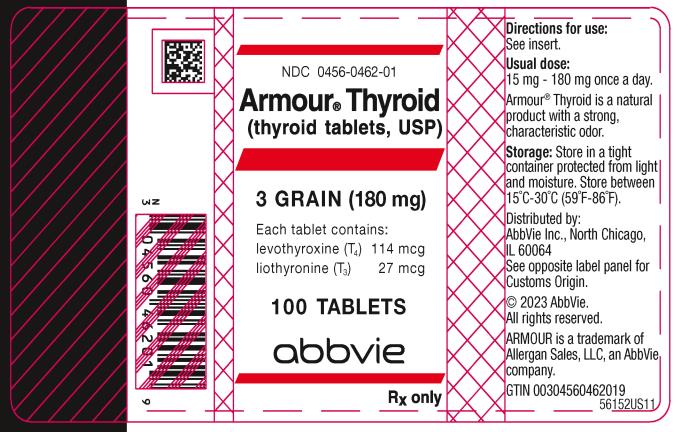 NDC 0456-0462-01 
Armour® Thyroid
(thyroid tablets, USP)
3 GRAIN (180 mg)
Each tablet contains: 
levothyroxine (T4) 114 mcg 
liothyronine (T3) 27 mcg 
100 TABLETS
abbvie
Rx only
