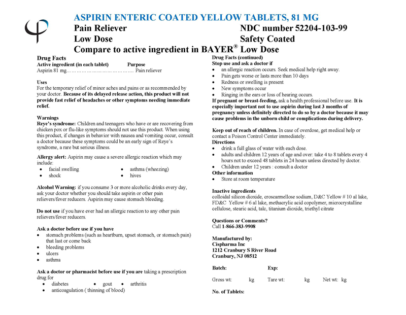 ASPIRIN ENTERIC COATED YELLOW TABLETS, 81 mg, Bulk