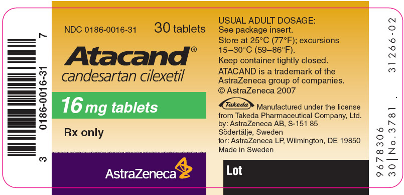 Atacand 16mg - 30 tablet count bottle label