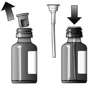 Image of how to fit the plastic adapter into the new bottle of medicine