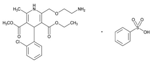 The structural formula for amlodipine besylate is chemically described as 3-ethyl-5-methyl (±)-2-[(2-aminoethoxy)methyl]-4-(2-chlorophenyl)-1,4-dihydro-6-methyl-3,5-pyridinedicarboxylate, monobenzenesulphonate. Its empirical formula is C20H25ClN2O5•C6H6O3S. 