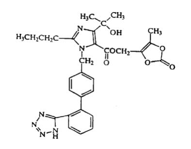 The structural formula for olmesartan medoxomil is chemically described as 2,3-dihydroxy-2-butenyl 4-(1-hydroxy-1-methylethyl)-2-propyl-1-[p-(o-1H-tetrazol-5-ylphenyl)benzyl]imidazole-5-carboxylate, cyclic 2,3-carbonate. Its empirical formula is C29H30N6O6.
