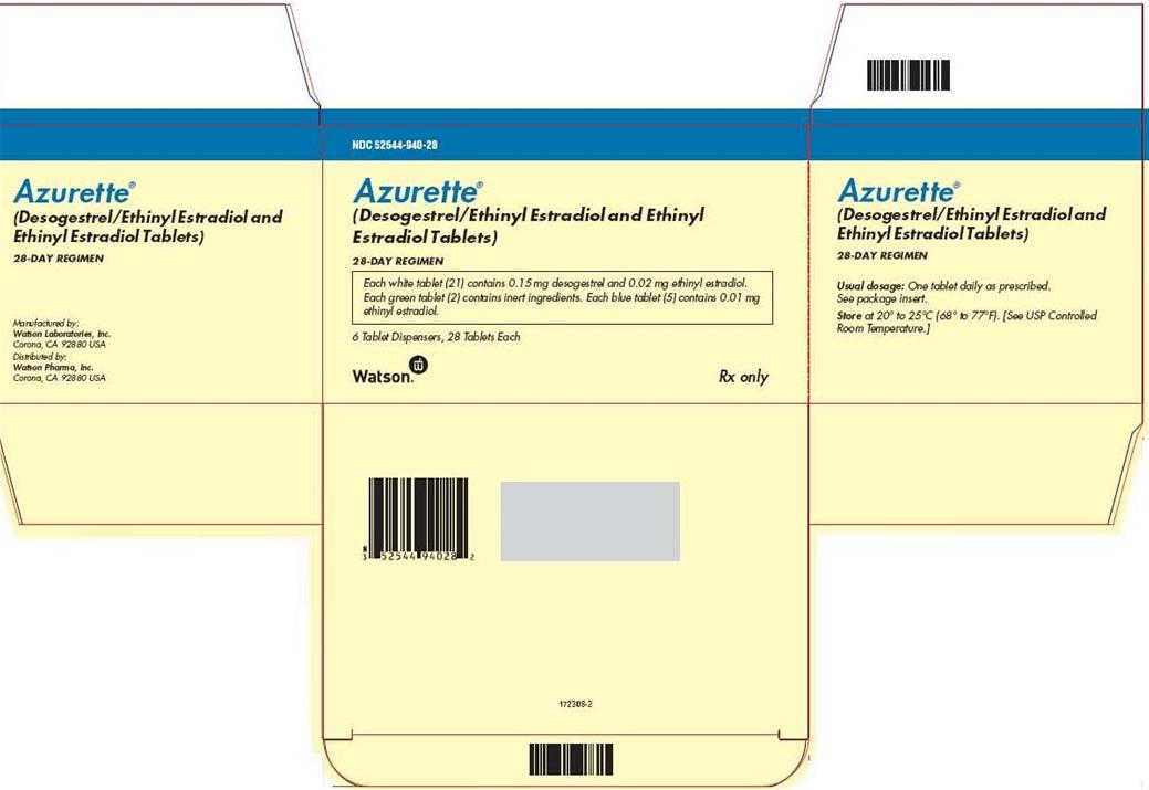 NDC 52544-940-28 Azurette® (Desogestrel/Ethinyl Estradiol and Ethinyl Estradiol Tablets) 28-DAY REGIMEN Each white tablet (21) contains 0.15 mg desogestrel and 0.02 mg ethinyl estradiol. Each green tablet (2) contains inert ingredients. Each blue tablet (5) contains 0.01 mg ethinyl estradiol. 6 Tablet Dispensers, 28 Tablets Each Watson® Rx only
