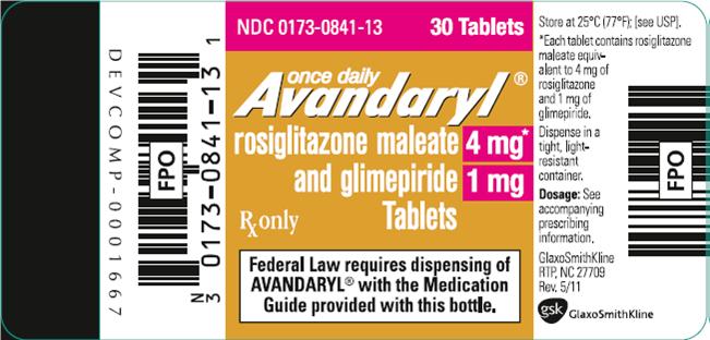 Avandaryl 4mg 1 mg 30 tablets label