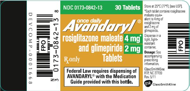 Avandaryl 4mg 2mg 30 tablets label