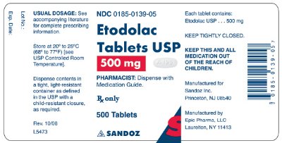 Etodolac 500 mg x 500 Tablets - Label