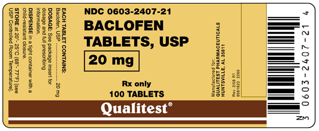 This is image of the label for Baclofen Tablets, USP 20 mg 100 ct.