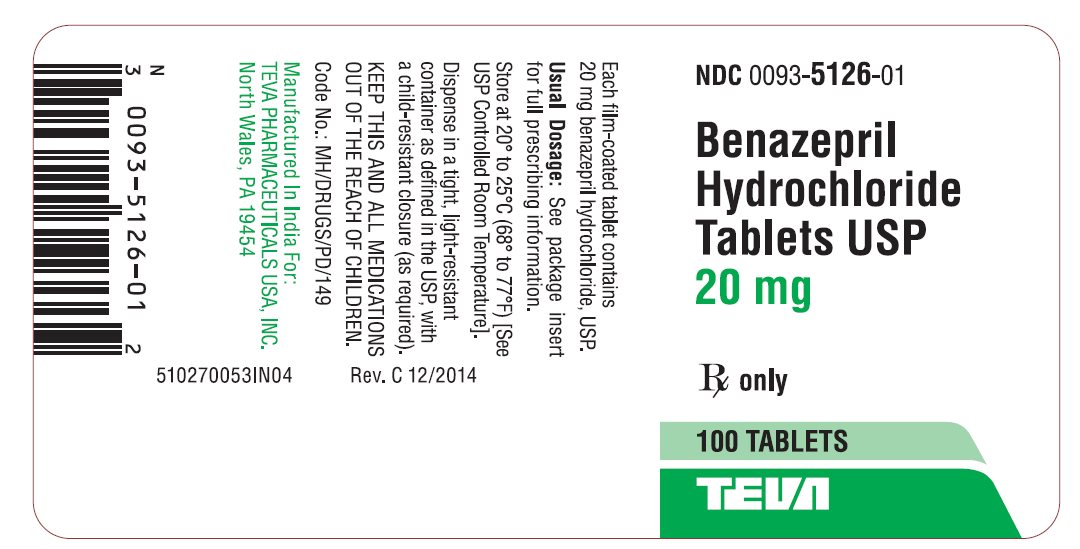 Benazepril Hydrochloride Tablets USP 20 mg 100s Label