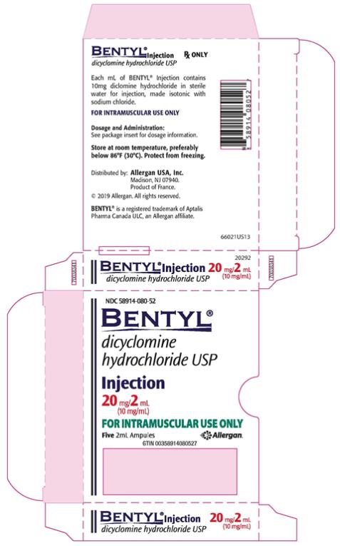 PRINCIPAL DISPLAY PANEL
NDC 58914-080-52
BENTYL® Injection
dicyclomine hydrochloride USP
Injection
20 mg/2 mL
FOR INTRAMUSCULAR USE ONLY
FIVE 2ml Ampules
Allergan

