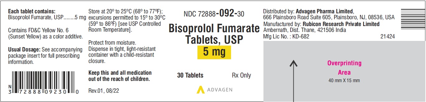 Bisoprolol Fumarate Tablets 5 mg - NDC 72888-092-30 - 30 Tablets Label