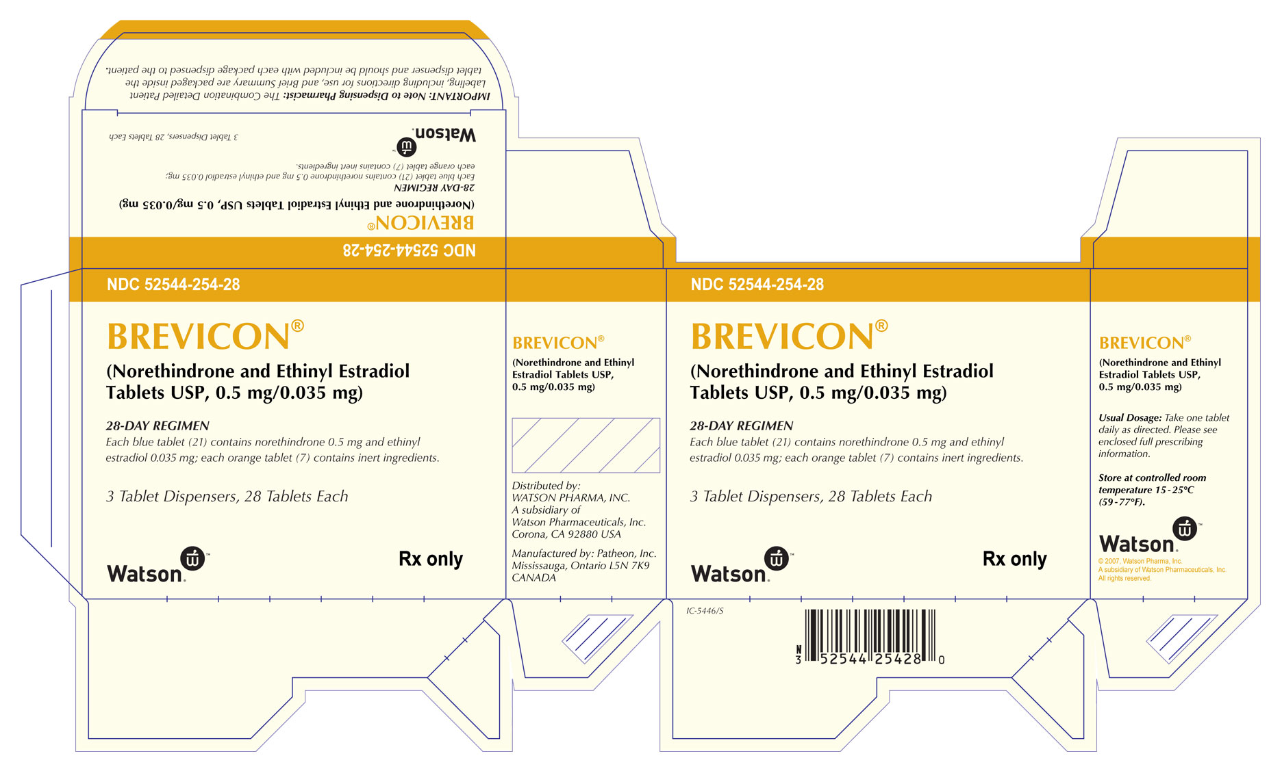 BREVICON® (Norethindrone and Ethinyl Estradiol Tablets USP, 0.5 mg/0.035 mg) NDC 52544-254-28 Carton x 3 - 28 tablet dispensers