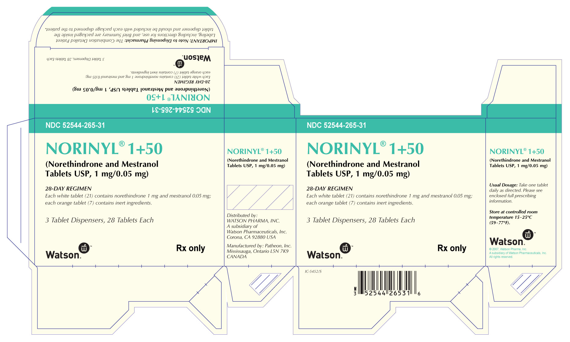 NORINYL® 1+50 (Norethindrone and Mestranol Tablets USP, 1mg/0.05 mg NDC 52544-265-31 Carton x 3 - 28 Tablet Dispensers