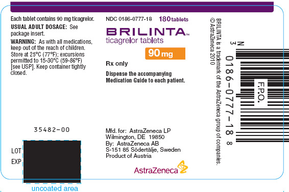 Brilinta 90mg - 180 tablet count bottle label