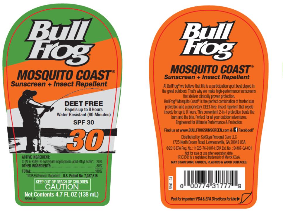 PRINCIPAL DISPLAY PANEL
Bull Frog
Mosquito Coast
sunscreen + insect repellent 
Spf 30
Net  4.7 FL OZ (138 mL)

