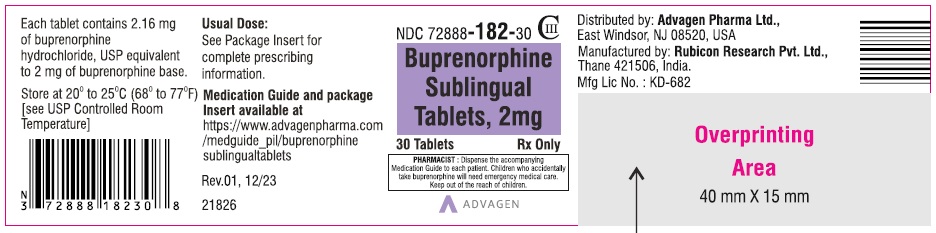 Buprenorphine sublingual tablets 2 mg  - NDC 72888-182-30 - 30 Tablets Label