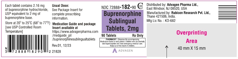 Buprenorphine sublingual tablets 2 mg  - NDC 72888-182-90 - 90 Tablets Label