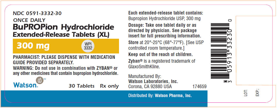 NDC 0591-3332-30
BuPROPion Hydrochloride
Extended-Release Tablets (XL)
300 mg
30 Tablets 
Rx Only