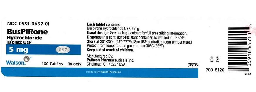NDC 0591-0657-01
BusPIRone
Hydrochloride
Tablets USP
5 mg
Watson    100 Tablets   Rx only