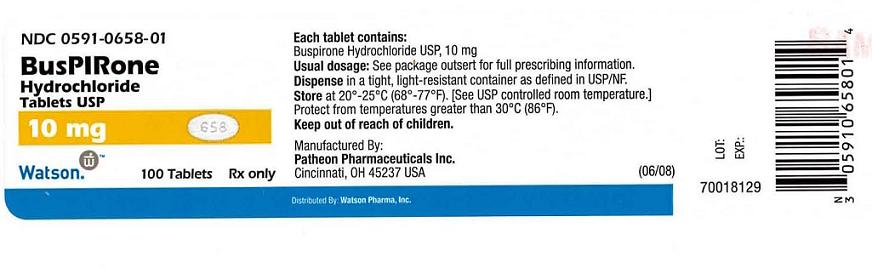 NDC 0591-0658-01
BusPIRone
Hydrochloride
Tablets USP
10 mg
Watson    100 Tablets   Rx only