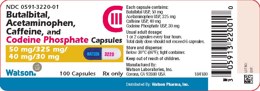 Butalbital, Acetaminophen, Caffeine, and Codeine Phosphate Capsules Bottle with 100 Capsules NDC 0591-3220-01