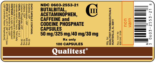This is an image of the Label for Butalbital, Acetaminophen, Caffeine and Codeine Phosphate Capsules 100 count.