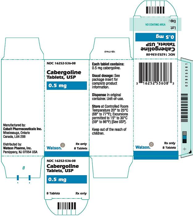 NDC 16252-536-08 Cabergolne Tablets, USP 0.5 mg Watson 8 Tablets Rx only