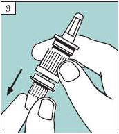 3. Holding the pump unit, gently remove the opaque plastic protective cap from the bottom of the unit.
Note: Do not depress pump when it is not attached to the bottle.
