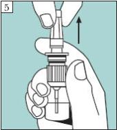 5. Holding the bottle upright with your index finger on top of one of the two side arms of the pump, gently remove the clear protective cap from the top of the nozzle.